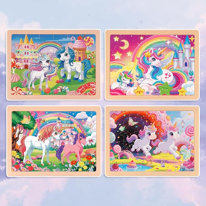 24PCS Wooden Puzzles for Kids Ages 4-6, 4 in 1 Box, Preschool Educational Toys Birthday Gifts Puzzles for 3 4 5 6 7 8 Year Old Boy Girls, Unicorn