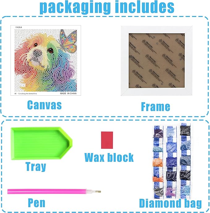 geesfayan Diamond Art Kits for Kids Ages 8-12,6 Inch DIY Gem Art Painting with 7 Inch Frame, Complete Starter Kit for Beginners, Creative Arts & Crafts Gift for Girls & Boys (Butterfly Dog)