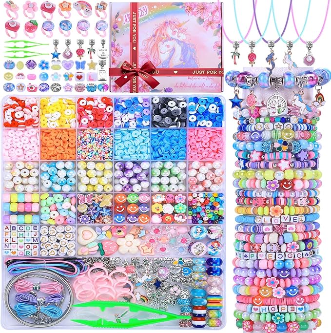 AIPRIDY 3200 Pcs Unicorn Jewelry Activity Kit,Clay Beads Bracelet Making Kit,Flat College Style Beading for Friendship Jewelry Making,Crystal Time Gem Ring Gifts,DIY Crafts for Teen Girls(Pink)