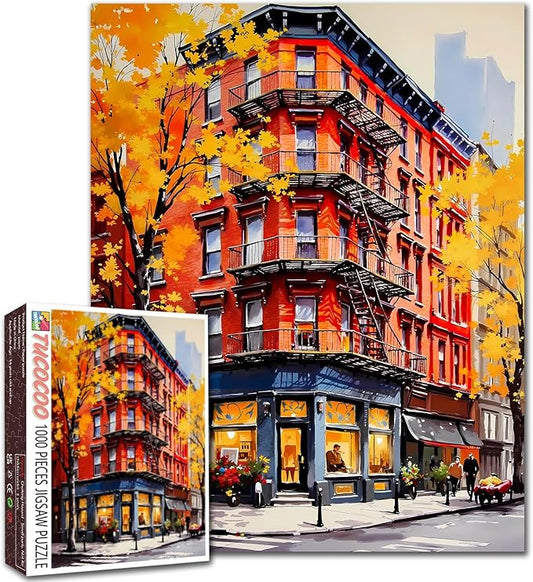 New York City View Jigsaw Puzzle，Fall Red Buildings 1000 Pieces Jigsaw Puzzles for Adults，27 x 20 Inches Puzzles for Families，HD Quality Autumn Street Landscape Photo Puzzle Gift，Game Nights