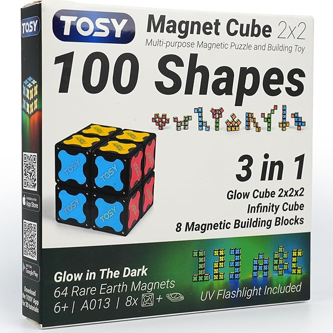 TOSY Magnet Cube 2x2 - 8 Blocks, 2 in 1 Toy: 2x2x2 Puzzle Cube and Customizable Infinity Cube, Glowing, UV Flashlight, Fidget/Sensory/STEM/STEAM Magnet Tiles Birthday Gift for Kids/Teens/Adults