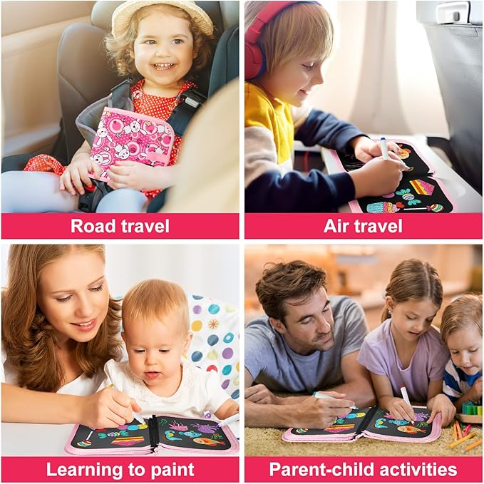 Erasable Doodle Set for Kids - Magic Drawing Book with 12 Watercolor Pens, 14 Pages - Road Trip Car Game Writing Painting Set for Boys and Girls (Rabbit)