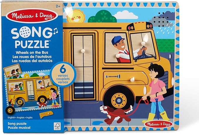 Melissa & Doug The Wheels on The Bus Song Puzzle – 8-Piece Wooden Peg Puzzle with Light-Activated Sounds, Music Learning Toy for Toddlers and Preschoolers Ages 2+