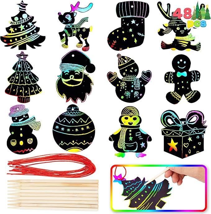 JOYIN 72 Pcs Christmas Scratch Art Ornaments, Rainbow Color Scratch Paper Craft Kit Include Snowman, Christmas Tree, and Reindeer, Scratch Off Hanging Ornament for Kids Party Favor