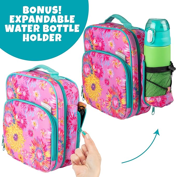 Kids Insulated Lunch Box w Snack Pocket & Expandable Water Bottle Holder For Girls- Waterproof Lunchbox Tote Keeps Food Hotter or Colder Longer - Reusable Back to School Bag Fits Most Bento Containers
