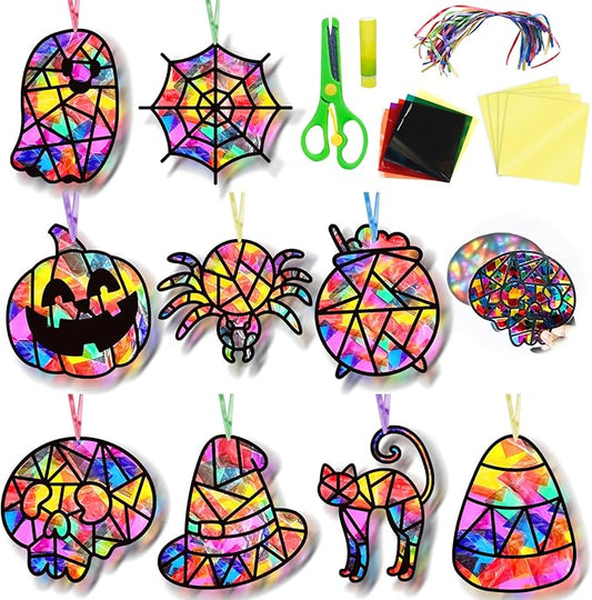 EggSun 36 Sets Halloween Suncatchers Craft Kit Ornaments Stained Glass Window Arts and Crafts Kit for Classroom Holiday Projects Home Halloween Party Favors Decorations Ages 4 8 12