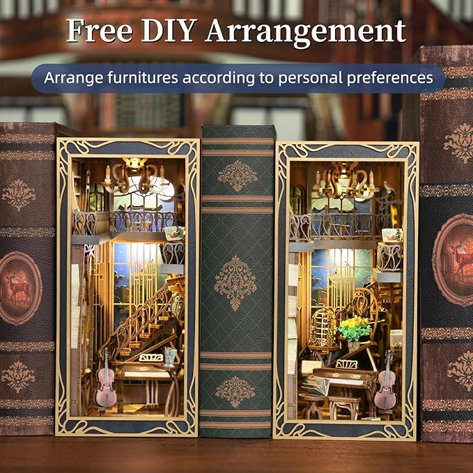 MiniCity DIY Book Nook Kit for Adults, 3D Wooden Puzzle Bookend Bookshelf Insert Decor with LED Light and Dust Cover (Pianist with Nightingale)
