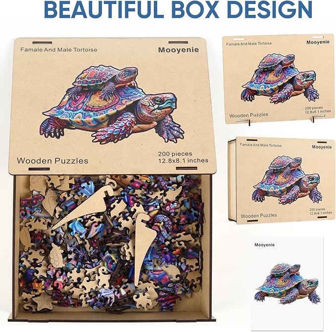 Wooden Jigsaw Puzzle, 200 Pcs Unique 3D Shape Jigsaw Puzzles, Wood Puzzle Gift Box Packing, Medium Size Letter, Creative Gift for Adults and Kids, Fun Challenging (200PCS, Turtle)