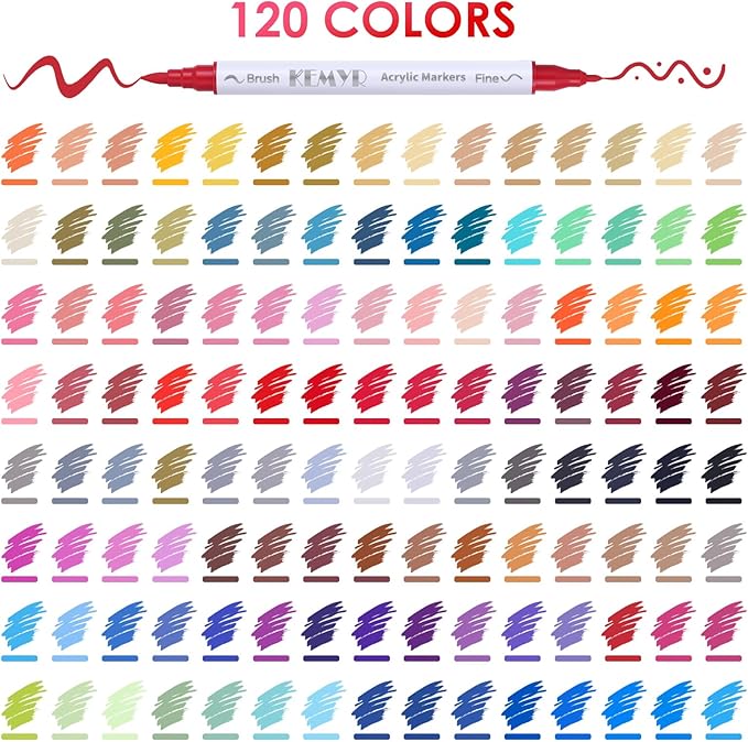 120 Colors Brush & Fine Tip Acrylic Paint Pens, Dual Tip Acrylic Paint Markers for Paper, Wood, Canvas, Stone, Rock, Glass, Fabric, DIY, Ceramic, Art Supplies for Kids and Adults Drawing