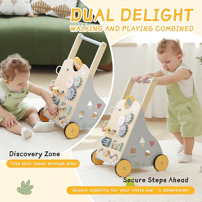 Wooden Baby Walker and Push Toy - Adjustable Height, Montessori Learning Activity Center for Boys and Girls, Toddler Push Walker and Development Toy for Kids 1-3 Years
