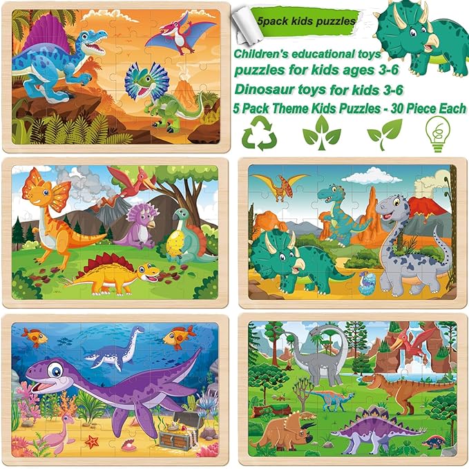Wooden Puzzles Dinosaur Toys for Kids Ages 3-5, Set of 5 Packs with 30-Piece,Preschool Educational Brain Teaser Toys for Boys and Girls 3-8 Years Old