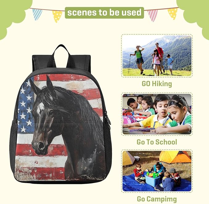 Flag Horse Toddler Backpack for Boys Girls 3-6 Mini Backpacks for Elementary Lightweight Kids Bookbag for Preschool Kindergarten for Travel School