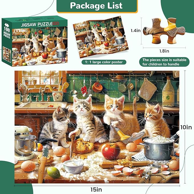 Puzzles for Kids Ages 4-8,100 Piece Puzzles Kids Puzzle Ages 4-6 6-8 8-10 Cat Cooking Puzzle Animal Jigsaw Puzzle Educational Toys Birthday Gifts for Girls and Boys