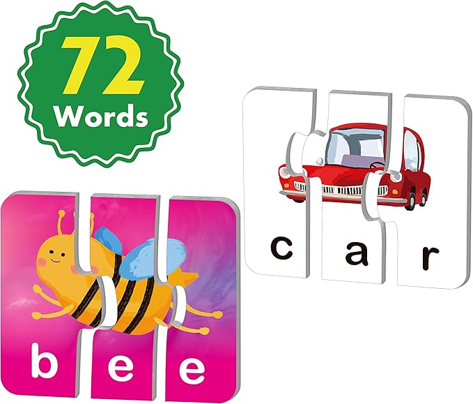72 Word Spelling Puzzles with Error-Correction Mechanism in 3 Pieces, Perfect for Preschool Learning (36 Block Double Sided)