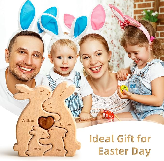 Rabbit Family Puzzle, Personalized Wooden Puzzles with 2–5 Names, Easter Gifts for Kids, Unique Easter Anniversary Wedding Gifts for Women Men, Home Decorations for Family Couple