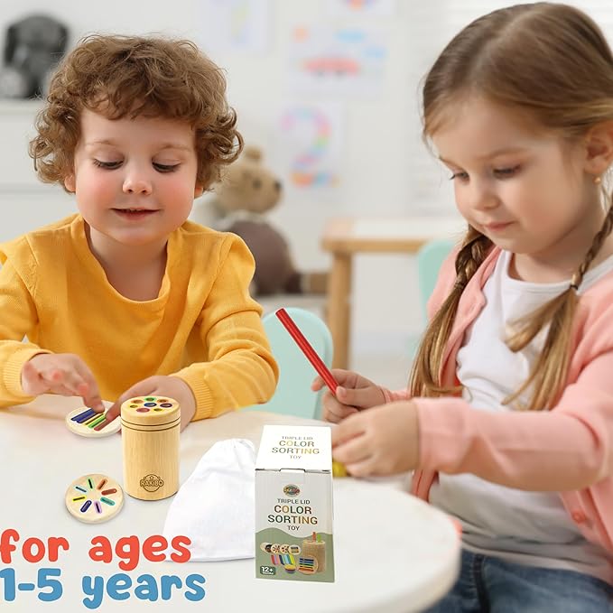 Montessori Color Sorting Toy for Toddlers Ages 1-5 – Wooden Fine Motor Skills Toy with Pegs, Sticks, Lids & Discs – Sensory Educational Activity – Gift-Ready in Box Learning Toy