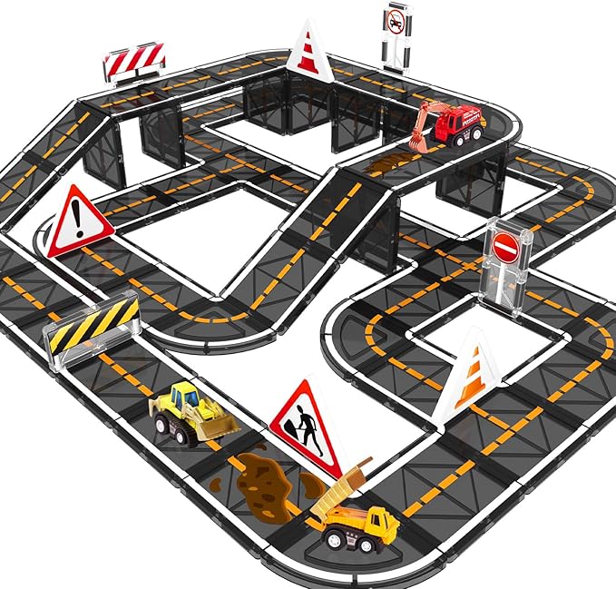 Magnetic Tiles, Magnetic Blocks Engineering Construction Vehicle Road Set, Toddler Toys for 3 4 5 Year Old Boys Girls Montessori Preschool Classroom Must Haves STEM Educational Kids Toys Birthday Gift