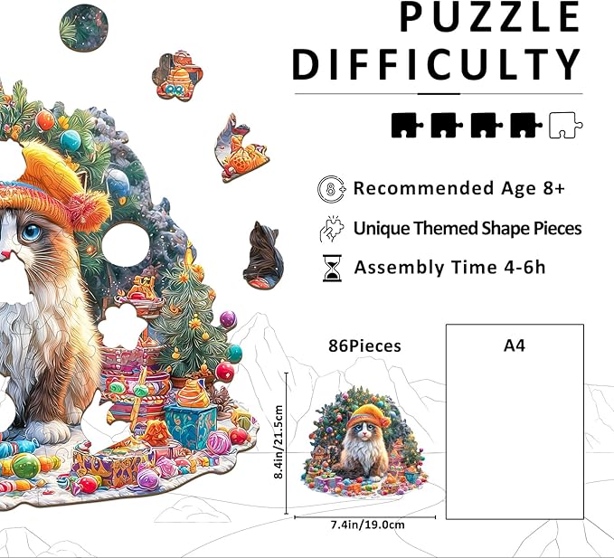 Wooden Puzzles for Adults - Christmas Cat Wooden Jigsaw Puzzle 86 pcs - Unique Animal Shape Wood Cut Puzzles - Eco-Friendly Home Office Decor (8.4 * 7.4in)