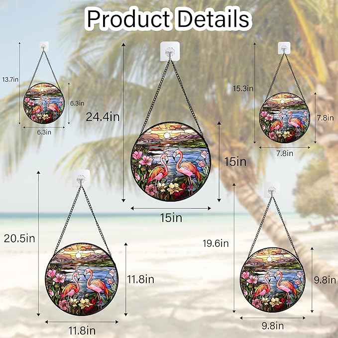 Stained Glass Window Hanging - Flamingo Wildflowers Landscape Suncatcher for Door Terrace Garden Home Decor Sunset Lake Sun Catcher Birthday Gifts for Lovers Women Men Dad Mom Nana 11.8 in