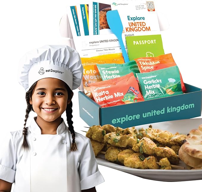 eat2explore Cooking Kits for Kids - Interactive & Educational Set with 3 Recipe Cards, Key Ingredients & Cooking Tools - Ideal Idea for Kids who Love to Create Meals (UK Edition)