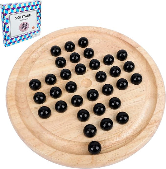 Wooden Solitaire Board Game with 33 Piece Black Glass Marbles Classic One Player Gameplay Strategy Puzzle Board Games Kids & Adults Fun Family Tabletop Toys, Birthday Gift,Table Games
