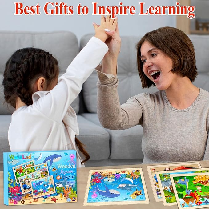 Wooden Puzzles for Kids Ages 4-6, 4 Pack with 24 Pieces Dinosaur, Animal, Ocean, Vehicle Wooden Puzzles for Toddlers Set, Educational & Learning Puzzles, Toys Gifts for 3 4 5 6 Year Old Boys Girls