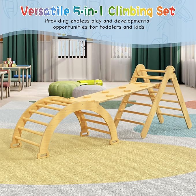 Large Pikler Triangle Set, 5 in 1 Foldable Baby Climbing Gym Indoor Montessori Climbing Set Wooden Toddler Climbing Toys with Arch, Ramp, Ladder
