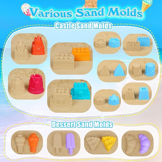 Beach Toys Sand Toys for Kids, Sand Castle Toys for Beach with 2 Sand Castle Bucket and Mesh Bag, Sand Molds, Shovels and Rakes, Sandbox Toys for Toddlers, Travel Beach Toys for Kids 3-10