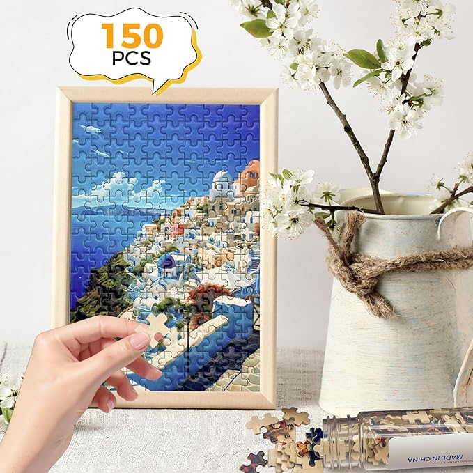 150 Pieces Mini Jigsaw Puzzles for Adults & Kids,6 x 4 Inches,Mini Puzzles,Travel Puzzle,Small Micro Puzzles,Challenging Difficult Puzzle,3 Pack Aegean Sea Santorini