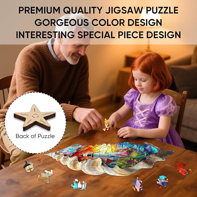 Shell Lighthouse Wooden Puzzles, 200 Pieces Jigsaw Puzzles, Unique Design Wooden Puzzles for Adults and Kids, Family Game Gift 8.2 x14.9 inch
