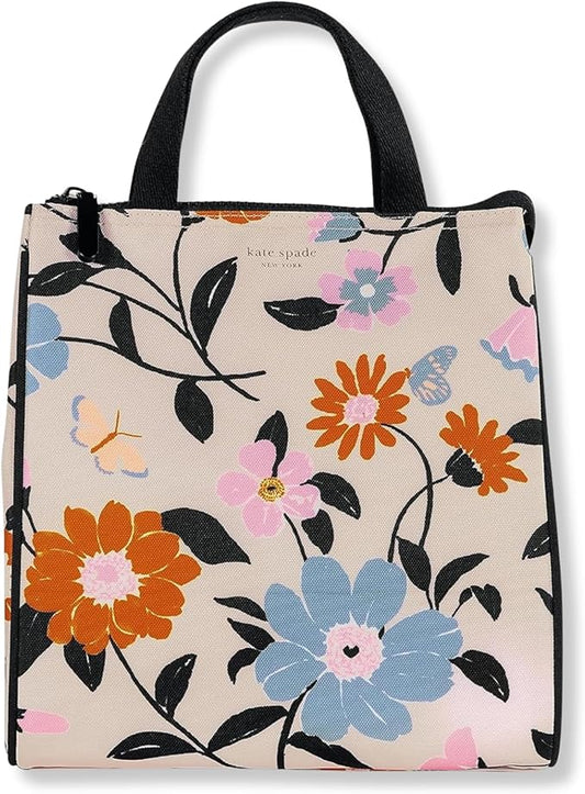 Kate Spade New York Portable Soft Cooler Lunch Bag with Silver Insulated Interior Lining and Storage Pocket, Floral Garden