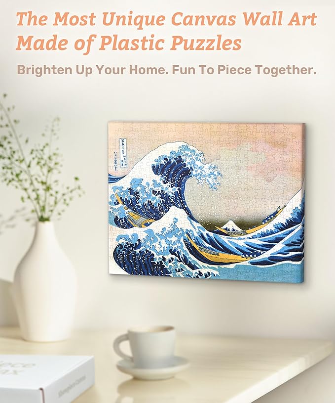 PieceRelax Puzzle Canvas Wall Art 366 Plastic Pieces for Adults - Hokusai - The Great Wave of Kanagawa - Unique Gift & Home Décor with Jigsaw Puzzle Artwork for Living Room Bedroom [HN1278]