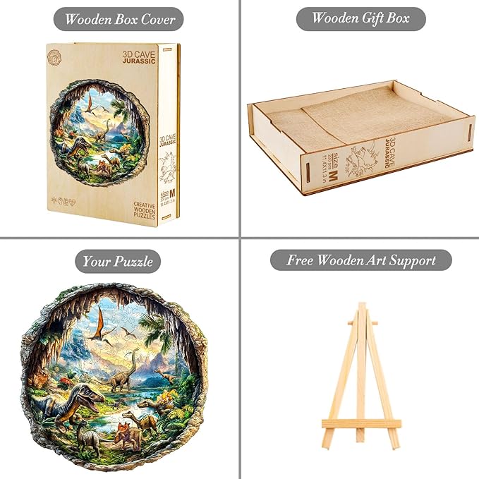 KAAYEE Wooden Puzzles for Adults, 3D Visual Effect 3D Cave Dinosaur Wooden Jigsaw Puzzle Unique Shape Wood Puzzle Adult, 3D Effect Flat Puzzle Birthday Family Games (M-11.4 * 11.3in-200pcs)