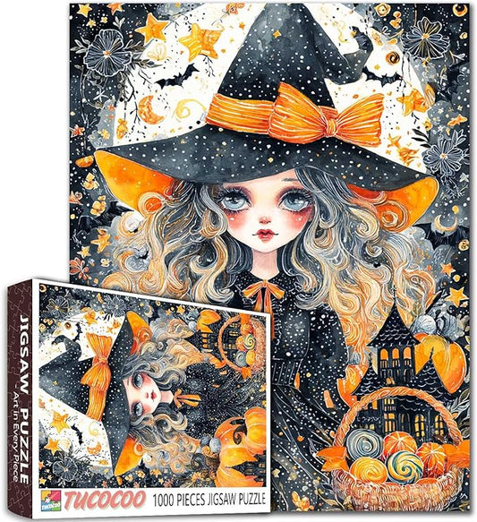 Halloween Puzzle 1000 Pieces for Adults Cute Witch with Pumpkins and Candy Whimsical Halloween Jigsaw Puzzle Spooky Cottagecore Aesthetic Fall Puzzles for Women Men Teens Challenging Puzzle Gift
