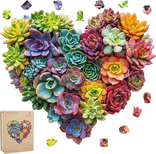Ruikiyart Wooden Puzzles for Adults, 5MM 500 Pieces Succulent Heart Wooden Jigsaw Puzzles, Plant Unique Shaped Puzzle Gifts for Adults and Kids on Thanksgiving, Family Puzzle Games(18.3"*16.2")