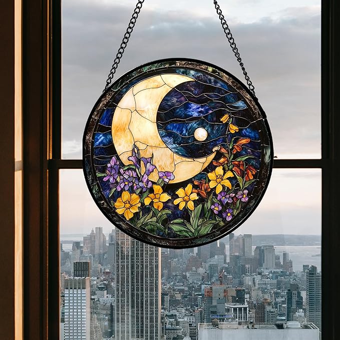 Stained Glass Window Hanging - Blue Night Sky Moon Suncatcher for Door Terrace Garden Home Decor Wildflowers Sun Catcher Birthday Gifts for Lovers Women Men Dad Mom Nana 6.3 in