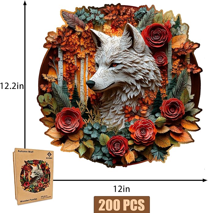 Wooden Jigsaw Puzzle, 200-500 Pieces Unique Shape Animal Puzzle, for Adults & Kids, Birthday Gift Family Game, Decorative Puzzle, Unique Gift (Autumn Wolf, 200 PCS)