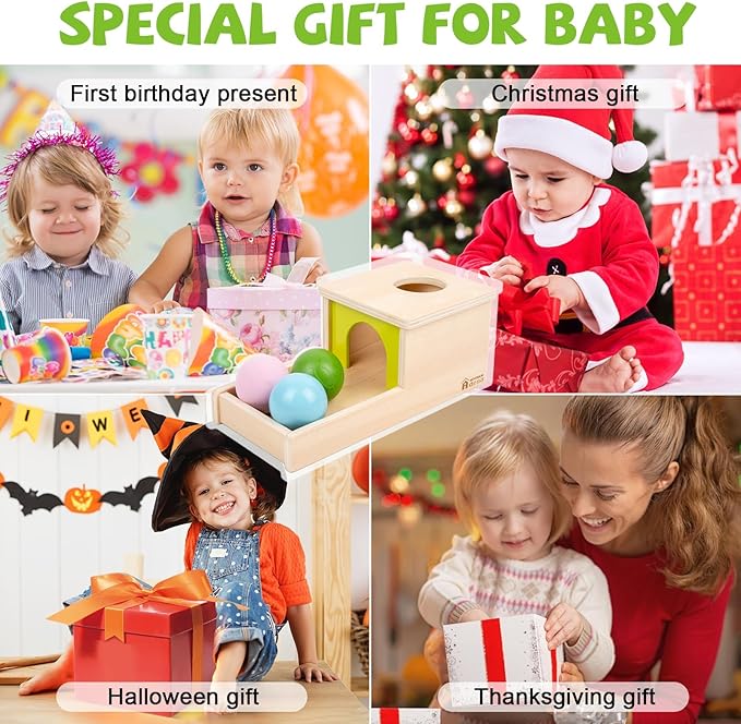 Adena Montessori Object Permanence Box with Tray Three Balls Montessori Toys for 6-12 Months Baby 1 Year Old Infant Toddler (Small Box - Typical)