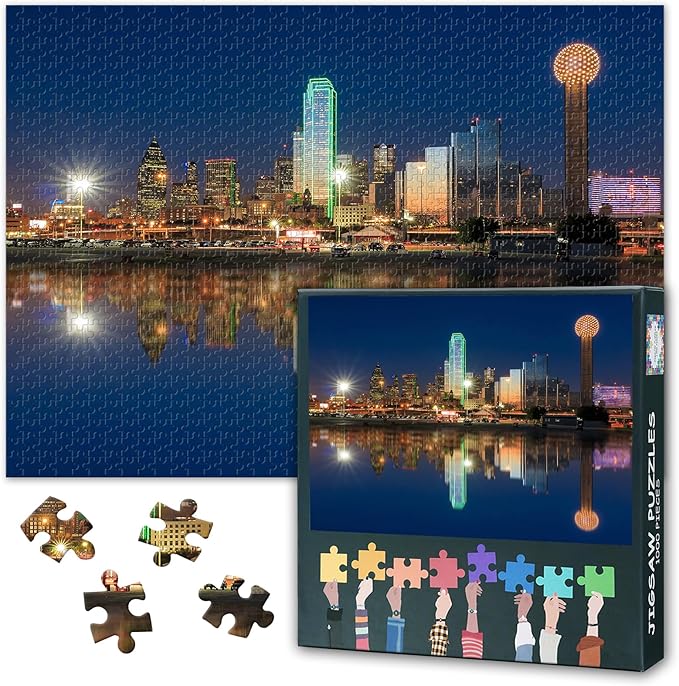 USA Cityscape Jigsaw Puzzles - 1000 Piece Puzzle for Adults, Dallas Skyscrapers Reflected in Trinity River Challenging Puzzles for Adults (27.5"x19.7"), Family Game Night Gift & Home Decor