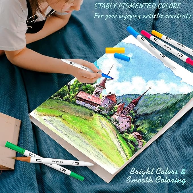 Markers for Coloring Book Adults Relaxation, Dual Tip Brush Pens with 100 Watercolor Fine Tip Markers and Brush Pens for Kids Coloring
