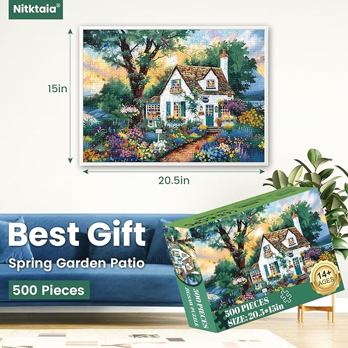 500 Pieces Jigsaw Puzzles for Adults–Spring Garden Patio Puzzle for Adults Children Elderly–Recycled Paper Puzzle 500 Pieces–Glossy, Sturdy Pieces Challenging Family Game Great Gift Idea (20.5x15in)