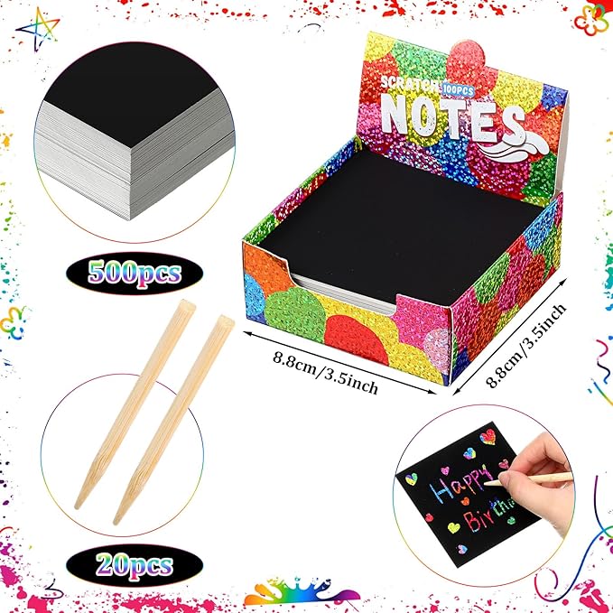 Lenwen 500 Pack Scratch Cards Rainbow Note Scratch Pads with 20 Bamboo Stylus for People Paper DIY Paper Craft Arts Kits Birthday Party Favors Supplies(Rainbow Holographic,500)