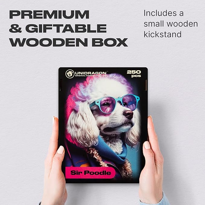 UNIDRAGON Original Wooden Jigsaw Puzzles - Pop Art Glow Up Collection - Sir Poodle - Dog Puzzle 250 Pieces, Beautiful Gift Package, Wooden Puzzle for Adults