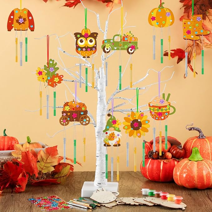 JellyArch 30 Pack Fall Wind Chime Making Kit for Kids Make Your Own Wind Chime Harvest Maple Leaf Wooden Ornaments for Girls Boys DIY Activity Birthday Decoration
