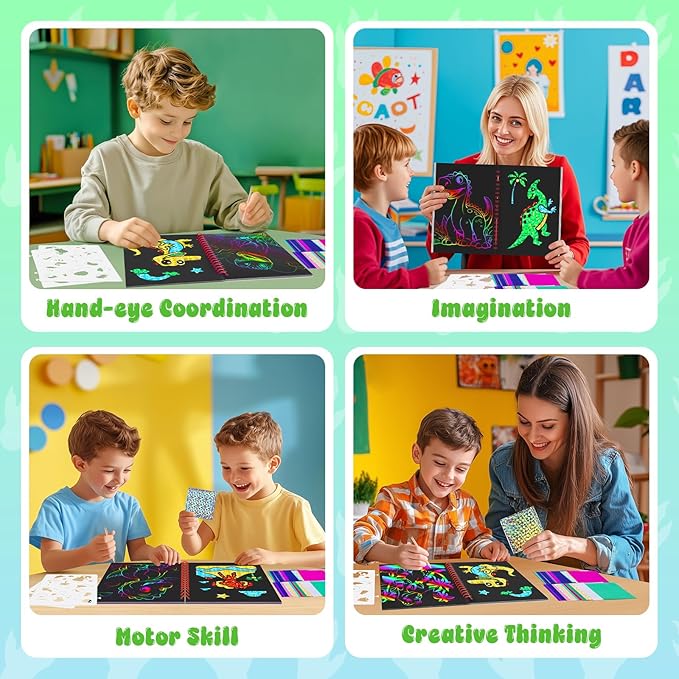 homicozy Art & Craft Activity for Kids - Foil Fun Dinosaurs & Scratch Art Book 2-in-1, No Mess Art Crafts for boys,DIY Creative Activity Kit,Gifts for Boys and Girls Ages 4, 5, 6, 7, 8, 9, Travel Toys