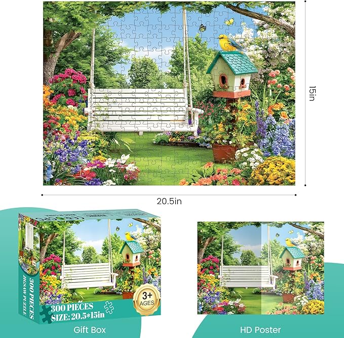 300 Piece Puzzles for Adults, Garden Swing 300 Piece Puzzle,Blooming Flower Paradise Jigsaw Puzzle, Perfect for Family Game Night, Home Wall Decor, Ideal Gift for Adults, Kids, Seniors, 20.5 x 15 in
