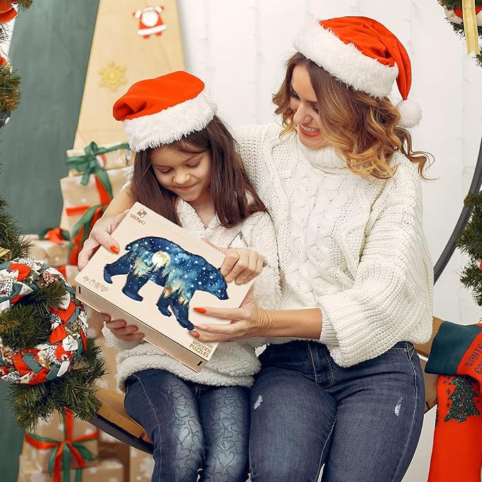 Wooden Puzzles for Adults - Astral Bear Wooden Jigsaw Puzzle - Unique Animal Shaped Wood Puzzles Adult - Christmas Birthday Gifts for Adults/Friends/Family - 200 Pcs 14.3 * 9.5in