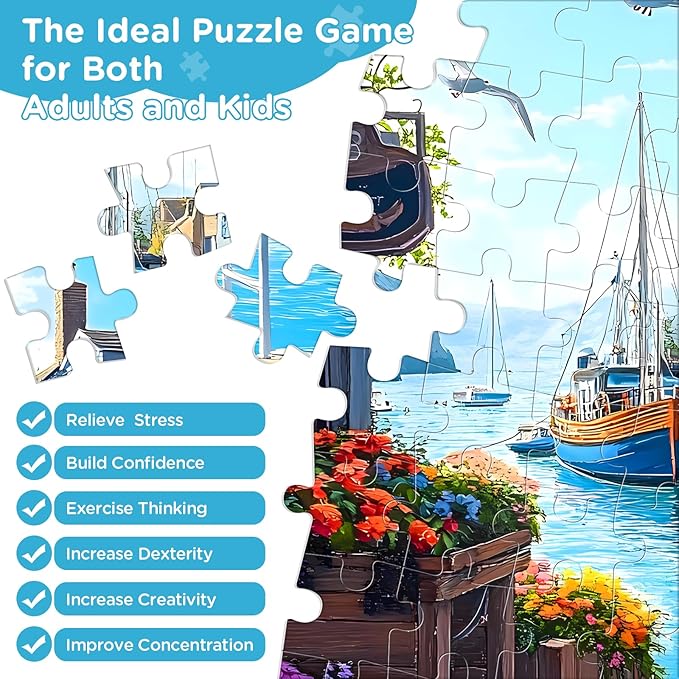 500 Piece Puzzle for Adults, Charming Coastal Village 500 Pieces Jigsaw Puzzles, Seaside Harbor with Cat Puzzle, Perfect for Family Game Night, Ideal Gift for Adults, Kids, Seniors, 20.5 x 15 in