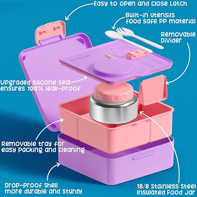 Fimibuke Bento lunch Box Set for Kids Adult with 8oz Thermos Food Jar, Insulated Lunch Bag &Sauce Cup, Leakproof Dishwasher Safe Toddler Lunch Food Container with 3-4 Compartment for School Girls Boys