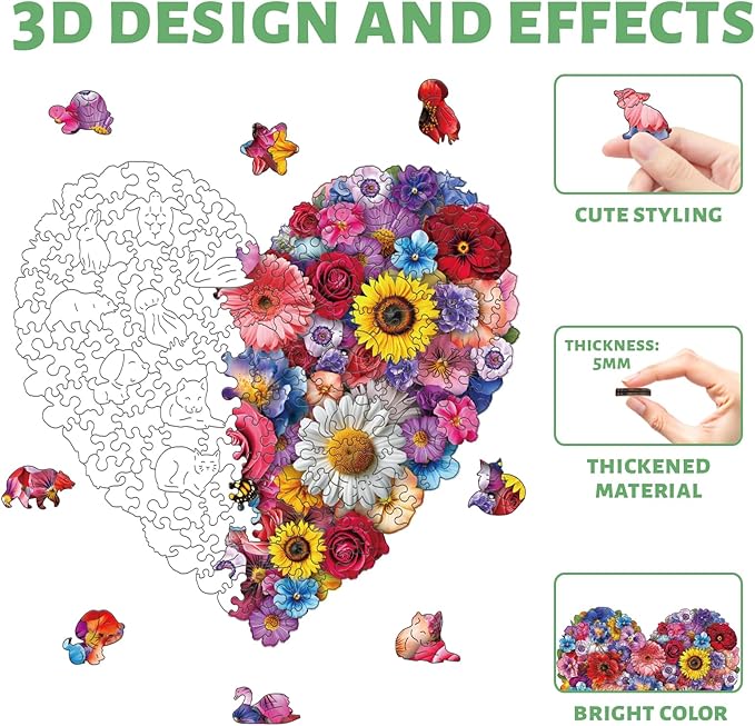 Heart Wooden Puzzles Adults, 200 Piece Flower Puzzles for Adults Vibrant Art Puzzle Unique Shaped Wood Jigsaw Puzzle Gift Fun Challenge Family Game Home Decor